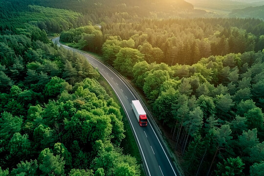 An aerial view of a truck on the road surrounded by an expansive woodland of pine trees, bathed in gentle sunlight