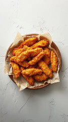 Crispy Fried Chicken Strips on Wooden Plate with White Background