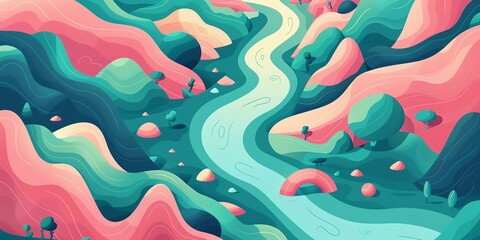 Colorful abstract landscape illustration featuring a winding river through vibrant hills and trees in a whimsical design.