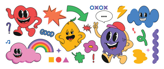 Set of 70s groovy element vector. Collection of cartoon characters, doodle smile face, donut, lemon, heart, cloud, rainbow, sparkle, ginkgo. Cute retro groovy hippie design for decorative, sticker.