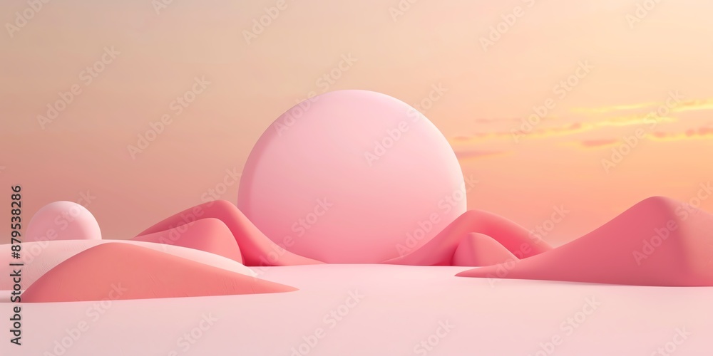 Poster a surreal abstract image featuring large pink spheres against a dreamy, pastel-hued landscape. the s
