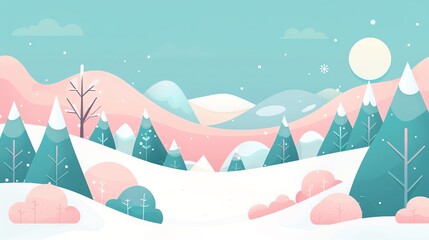 Scenic winter landscape illustration with snow-covered trees and mountains under a bright sky. Perfect for festive and seasonal projects.