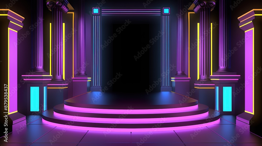 Poster Empty stage is illuminated by glowing neon lights in a virtual space