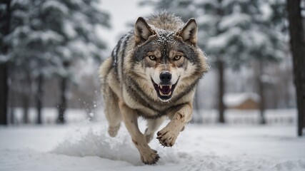 Naklejka premium a angry grey wolf running in the snow