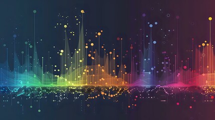 Fototapeta premium Abstract digital art featuring a spectrum of colorful sound waves and data points on a dark background. Perfect for themes of technology, music, and data visualization.