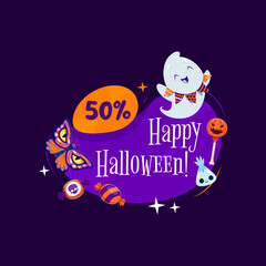Halloween frame with kawaii ghost character with flag garland, mystical butterfly and sweets. Isolated vector spooky holiday sale badge, tag or banner for seasonal festive discount clearance event