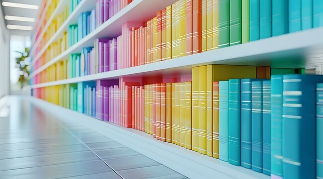 Colorful library shelves filled with books arranged by color, creating a vibrant and organized display. Ideal for themes of literature, organization, and creative interior design.