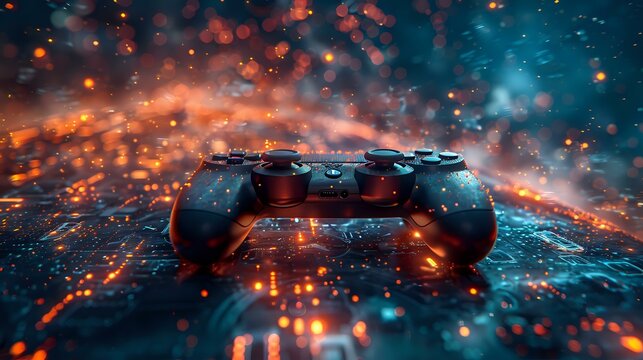 Video game controller surrounded by vibrant digital light effects, symbolizing the excitement of gaming and technology. Perfect for themes of gaming, entertainment, and digital innovation.