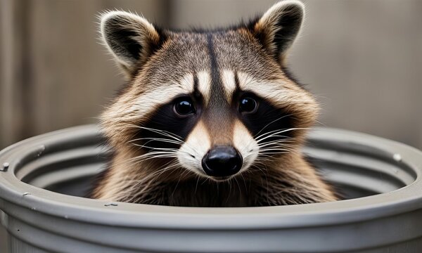 cute cheeky raccoon looking out from a trash can
