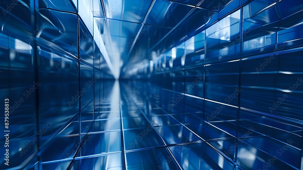 Poster abstract view of a blue, reflective tunnel with endless mirrors creating a futuristic and symmetrica