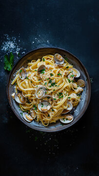 Delicious Pasta with Clams and Fresh Herbs in Rustic Bowl