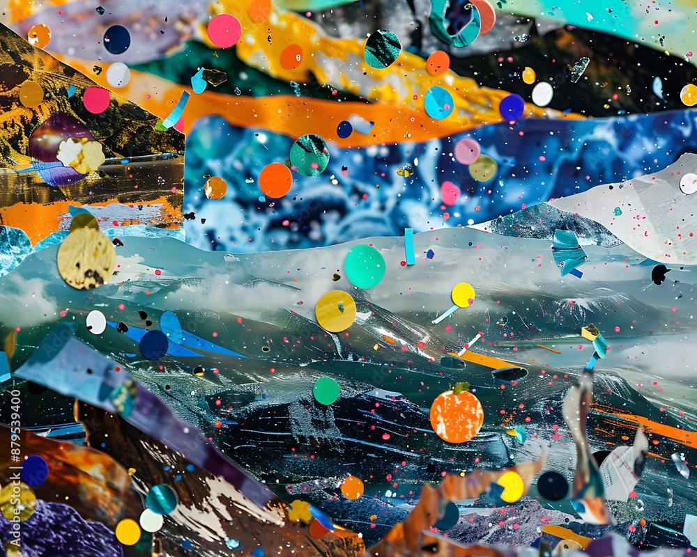 Poster abstract collage with colorful circles and swirling textures