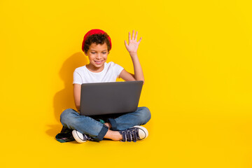 Full body photo of cute little boy hold netbook wave hand remote lesson dressed stylish white...