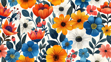 beautiful detailed colorful flowers seamless pattern, scandinavian art