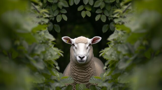 A picturesque and sharp photo of a white sheep in a lush, green forest clearing, focus cover all object