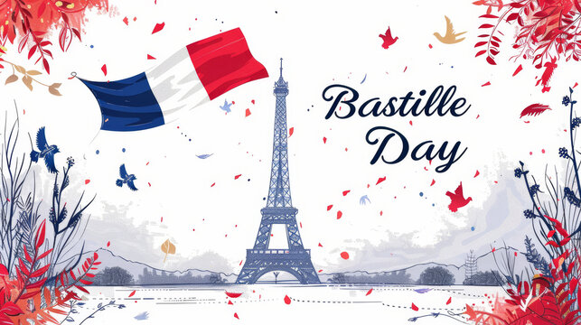 Festive illustration celebrating Bastille Day with French flag, Eiffel Tower, and vibrant decorations. - Powered by Adobe