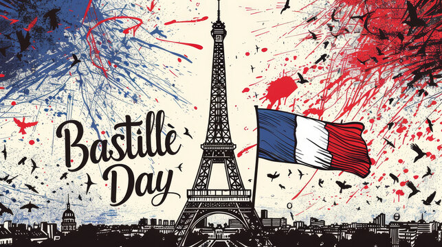 Artistic illustration celebrating Bastille Day with the Eiffel Tower and the French flag, accented with splashes of blue and red colors.