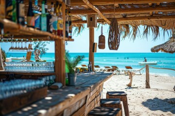 A rustic beach bar with wooden stools and handmade decor, located right by the turquoise ocean. It promises a serene and refreshing experience with beautiful views.