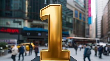 A sharp and vibrant photo of a golden number 1 statue in a bustling city square, focus cover all...