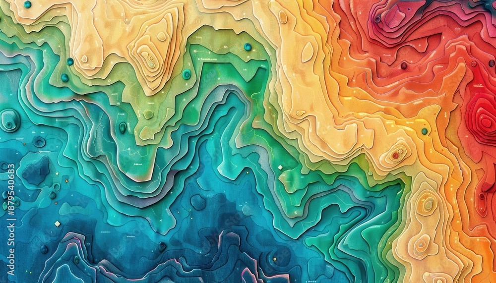 Poster abstract artwork featuring colorful, layered topographical contours creating a vibrant and dynamic l