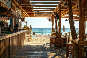 An open-air beach bar with wooden decor and beautiful ocean view. Tall stools and a bar counter create an inviting space for tourists to relax and enjoy drinks outdoors.
