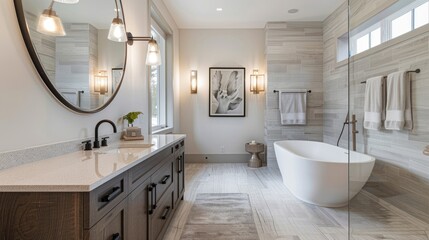 A contemporary bathroom with a large, oval mirror, a freestanding tub, and a vanity with a quartz countertop