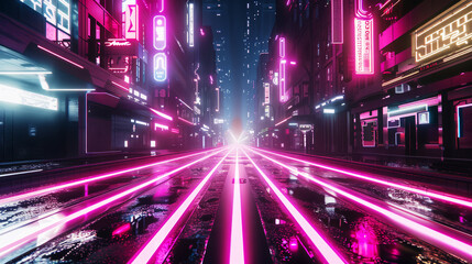 Fototapeta premium Futuristic Cyberpunk Neon Street with Pink and Blue Lights. Concept of Urban, Sci-Fi Environment