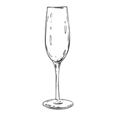 Empty elongated, elegant champagne glass. Line art is a simple hand-drawn illustration in black and white ink. Isolated vector EPS object.