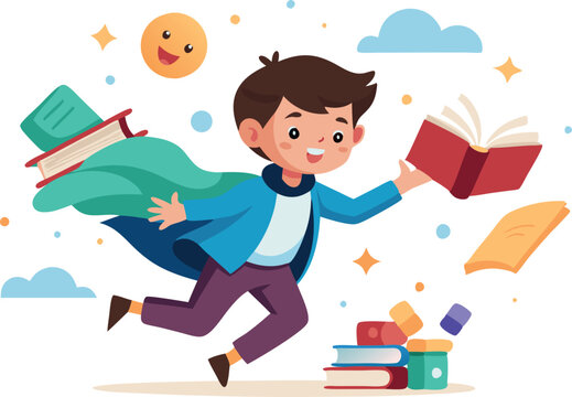 Illustration of a joyful boy flying with books, representing imagination and learning