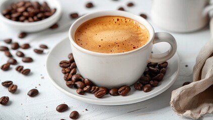 Fototapeta premium Coffee Cup with Beans on a White Surface
