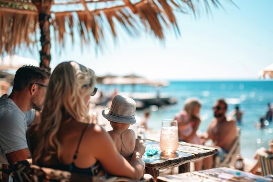 A couple with their toddler, the child wearing a cute hat, are enjoying a relaxing day at the beach under a straw umbrella, surrounded by various other beachgoers and the clear sea.