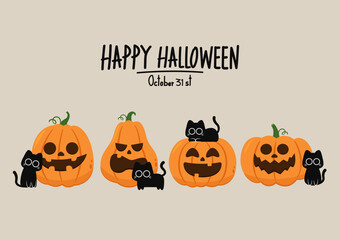 Happy Halloween wallpaper and greeting card. Pumpkin with ghost and black cats. Holidays cartoon character