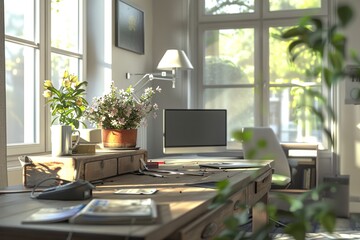 Fototapeta premium room with table and chair, flower pots, light messy