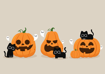Happy Halloween wallpaper and greeting card. Pumpkin with ghost and black cats. Holidays cartoon character