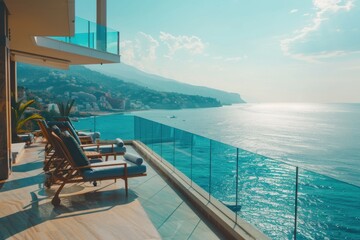 Obraz premium Large outdoor balcony with several lounge chairs, giving an expansive view of the ocean and coastal town under a bright blue sky, blending comfort with natural beauty.