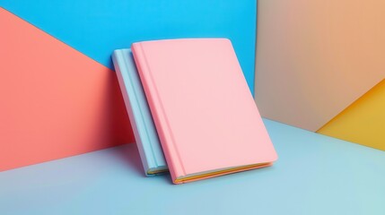 Colorful minimalistic composition with two pastel books against geometric vibrant background. Modern study or reading concept.