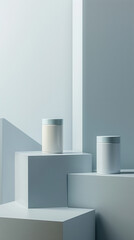 Minimalistic design white cylindrical products exhibit modern aesthetic on geometric white and gray podiums with soft light shadows.