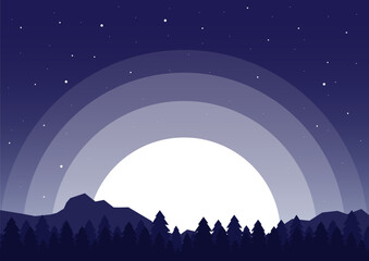 Minimalist aesthetic forest mountains landscape. Aesthetic pine tree forest under moonlight.