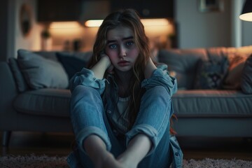 Obraz premium Sad teenage girl sitting on the floor alone