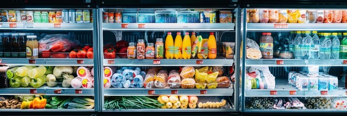 Fototapeta premium Freezer shelves at grocery store stocked with food and drinks. Interior view captures glass fridge