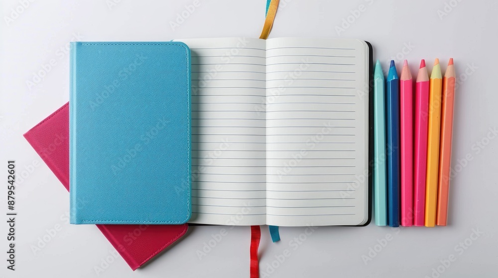 Poster organizer with colorful bookmarks and lined notebook on white background