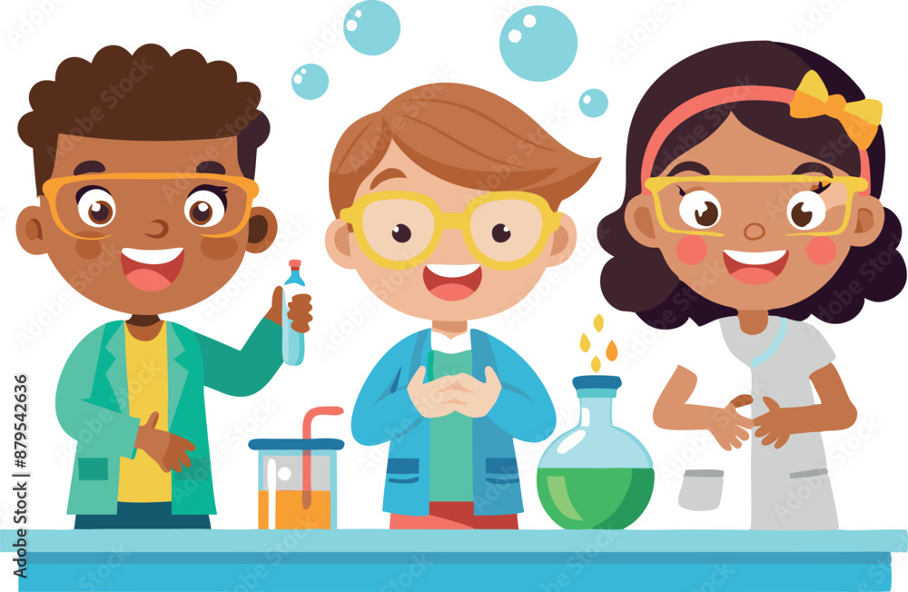 Poster happy diverse children learning and having fun conducting science experiments in a lab