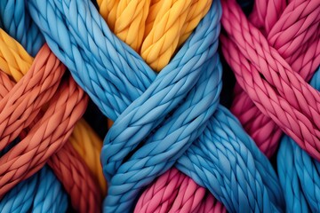 Close-up of colorful intertwined ropes creating an abstract pattern with vibrant colors of orange, blue, yellow, and pink.