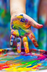 Obraz premium Child's hand covered with paints on a multi-colored palette background, concept of creativity, art therapy, painting lesson