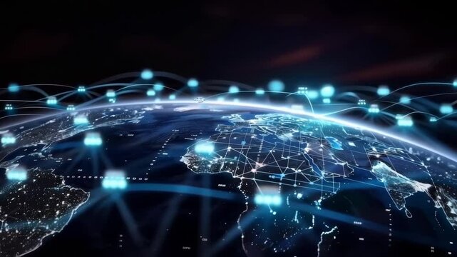 Global network communication concept with digital data transfer across the earth, illustrating connectivity and technological advancement.