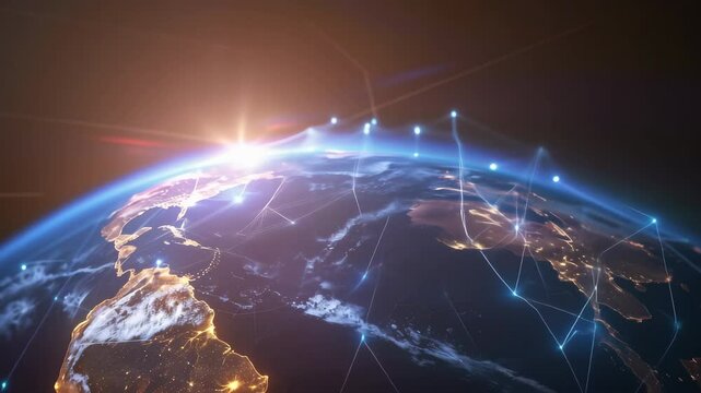 Global network connection concept with glowing nodes and data paths over the Earth, visualizing international connectivity and digital communications.