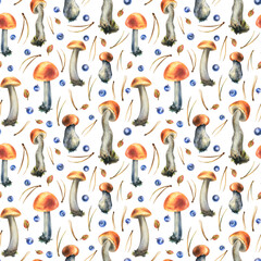 Forest edible mushrooms with orange caps boletus, leaves, blueberries and pine needles. Watercolor illustration, hand drawn. Seamless pattern for packaging, textile, wallpaper on a white background