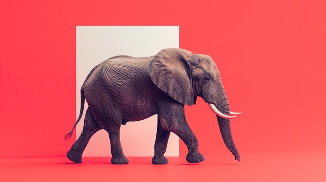 Elephant walking in front of a geometric background
