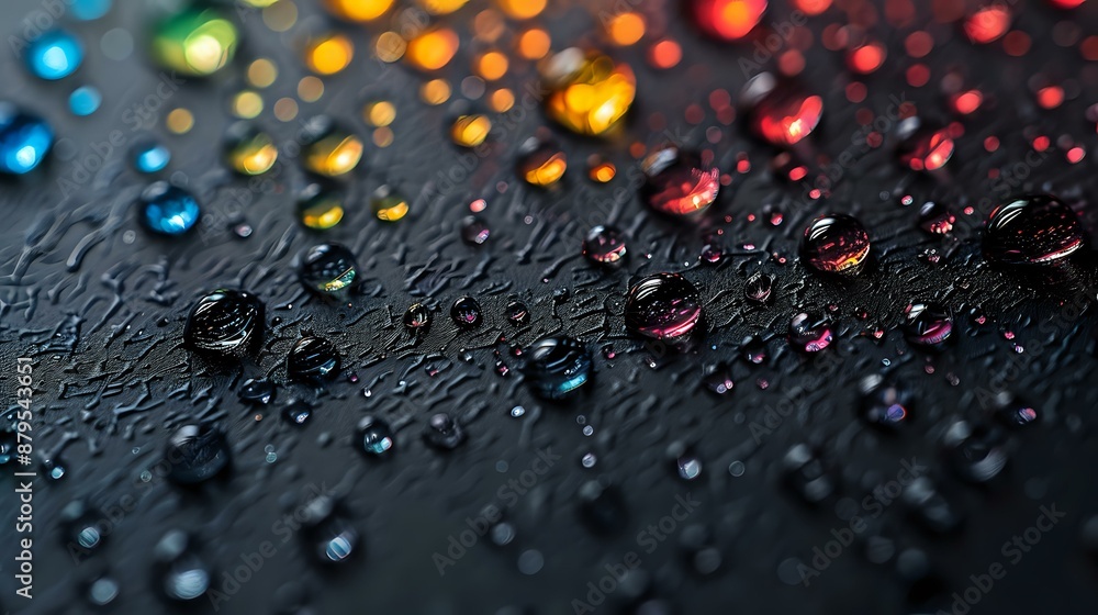 Poster close-up of colorful water droplets on a black surface, creating a vibrant and dynamic visual. perfe