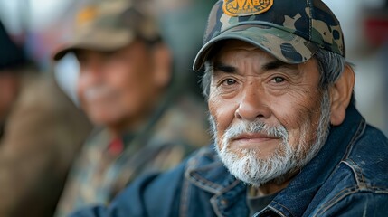Obraz premium Elderly man in a camouflage cap, smiling warmly, with a fellow veteran in the background. Perfect for themes of military service, camaraderie, and honoring veterans.